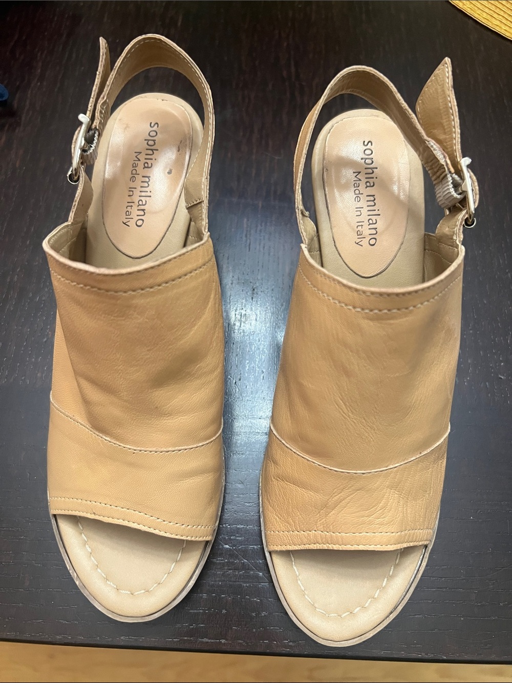 Sophia Milano Tan Leather Open-Toe Slingback Clogs